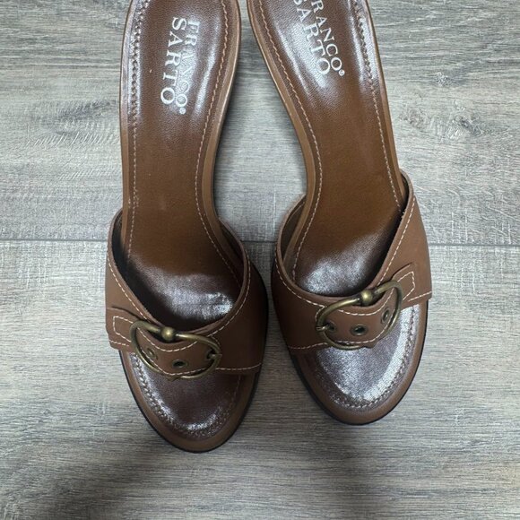 Franco Sarto Brown Leather Heeled Slides with Buckle Accent Women's Size 10 - Picture 2 of 6